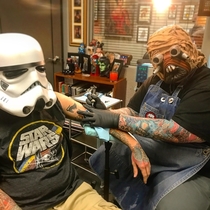 Boyfriend wanted May the th tattoo and insisted he wear all his gear while he got tattooed Gave my artist a heads up and this happened