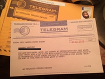 Came in my friends mail today STOP Telegram from an Unplugged Vending Machine STOP