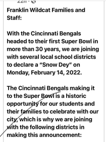 Canceling school because the Bengals made it to the Super Bowl