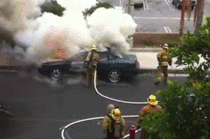 Car explodes in LA Firefighters face he doesnt even flinch