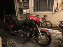 Check out my new Cherry Red ride Got it second-hand but after a few weeks of hard work and some elbow grease I got it riding like new It was a bit pricey but definitely now its my prized possession Sorry my dads motorcycle is taking up a bit of space in t