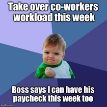 Co-worker hurt his back last week and I took over his work load Its been a hard week but the boss cheered me up today