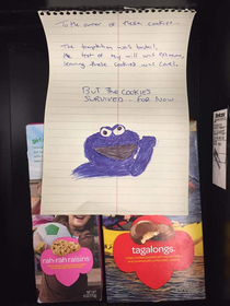 Cookies were left in a drawer a shared cubicle