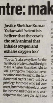 Cow is the only animal that inhales oxygen and exhales oxygen - an Indian High court judge
