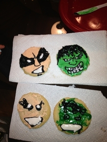 Decorated Halloween cookies with my  year old nephew he tried to copy my cookies Nailed it