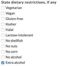 Dietary restrictions options on the registration form for a math conference