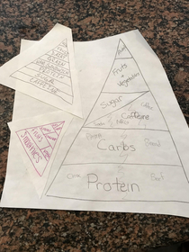 Doing some basement cleaning and found this years ago when the new food pyramid came out I asked my kids to design their own and this is what a college high school and middle schooler designed