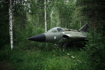 Fighter airplane playing hide and seek in the forest