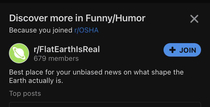 Flat earth subreddit is tagged as humor