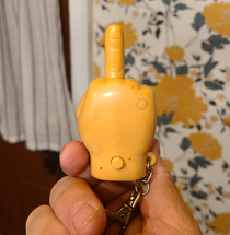 Found this is a box of knick knacks I bought at a garage sale yesterday The middle finger can be pushed down and then the button flips it up and it has a little speaker that says an insult