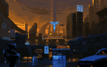 Futuristic city in pixel art