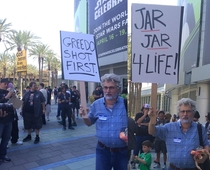 George Lucas dropped in on religious picketers outside of Star Wars Celebration to preach his own views
