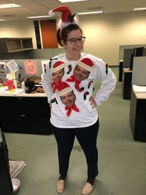 Good thing the owner of the company has a good sense of humor because his face helped me win the ugly sweater competition