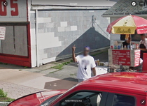 Guy in Buffalo greeting the Google Street View car
