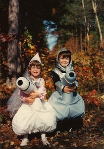 Hi Reddit This is a picture of my sister and I as a Princess and Knight riding horses halloween 