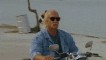 Hulk Hogan riding a motorcycle while a guy in the background throws a dog into the ocean