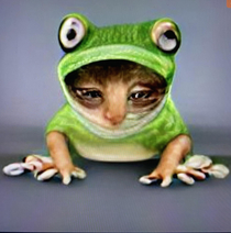 I asked an AI to draw me a very sad and depressed cat in a frog costume and this is what it came up with