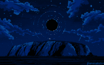 I drew this pixel art scene using  colors and called it Uluru blackhle rise 