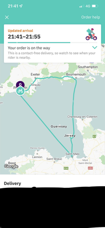 I guess my delivery driver took a trip to France and back to the UK with his bike Hopefully my food doesnt arrive cold