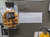 I hung up a waffle at my cubicle in case of emergency some time ago and sort of forgot about it Apparently the office was very confused so I made it an art installation