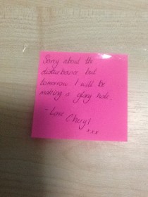 I just found this stuck to the door of my student flats I have no idea who Cheryl is or what disturbances she is talking about but Im looking forward to tomorrow