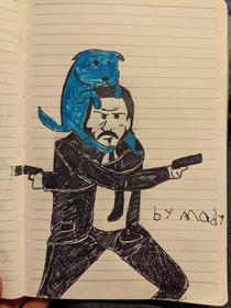 I just started working again and I told my daughter  to make me some desk art Who better than to inspire me at work than John wick haha I think Im gonna cry