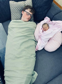 I just swaddled my - seventeen year old son He was jealous of his   day old sister