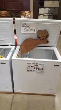 I know Home Depot is just trying to sell freezers but it really looks like this deer is taking a dump in it