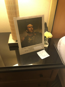 I requested a Nicolas Cage picture on the bedside of the hotel Im staying at online in the special request section They delivered