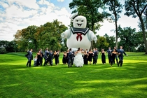 I see your Jurrasic Park Wedding photo and raise you a Stay Puft Marshmallow Man Photo - all thanks to Redditor OldMrBoston