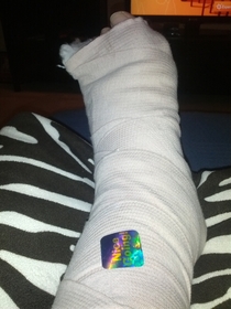 I slipped in the ice and broke my ankle My  yr old unknowingly chose the most relevant sticker to put on my cast