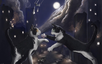 I was asked to paint two giant cats fighting and destroying a city
