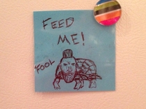 Im having surgery today so I left this note on the fridge to help my roommates remember to feed my turtle Mr T