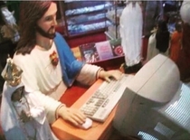 Jesus checking if the Facebook photo has enough likes to save the sick child