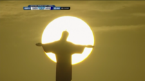 Jesus trying to stop Gokus Spirit Bomb from destroying the World Cup Stadium