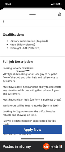 Job looking for a genital giant