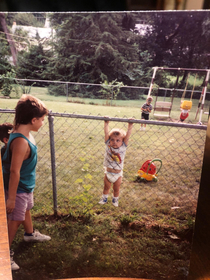 Just me a kid Stuck on a fence in a diaper Neighbors kids gettin their kicks sister is about to eat dirt brother creepin around back there