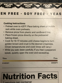 Last bit of instructions on our frozen pizza box
