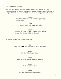 Leaked page from the script of the  Matt Damon film The Great Wall