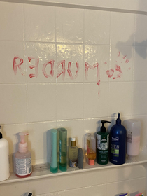 Left my mother a surprise in the shower Used my nephews Crayons bath time finger paints for it 