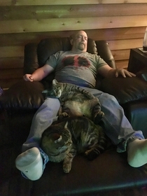 Like father like son Cat is sleeping in similar position to my husband They always fall asleep together watching TV