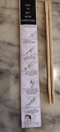 Local asian restaurant has instructions on how to use chopsticks including what to do if you cant last panel
