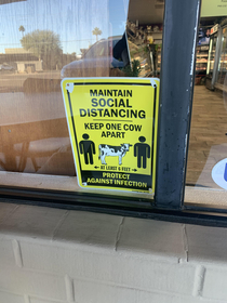Local butcher reminding us to social distance  or use cows to measure distance