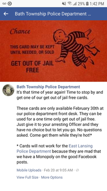 Local police department is offering a Get Out Of Jail Free Cardrestrictions apply