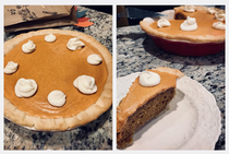 Looks like a pumpkin pie but its actually a pumpkin-spice cake with cream cheese frosting and a sugar cookie border