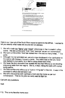 Matt Stone Co-Creator of South Park sent this memo to the MPAA while making the movie South Park Bigger Longer amp Uncut