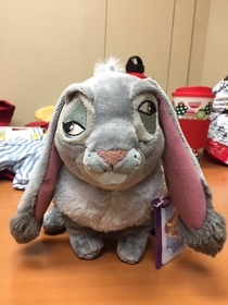 Maybe funny and creepy or just a drunk looking stuffed animal One of the eyes on this Sofia the first Clover rabbit sewn on upside down