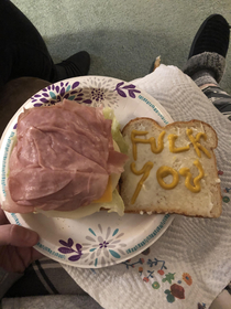 My brother offered my mom a sandwich she said no and then I said Well how rude I want a sandwich He did not disappoint