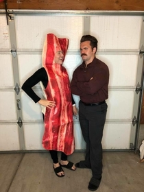 My buddy and his wife dressed up as Ron Swanson and Bacon Still a better love story than Twilight