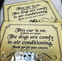 My buddy had these made after someone broke into his Prius to save his dogs